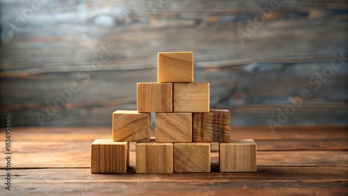 Wooden blocks arranged in a pyramid shape on a rustic wooden surface, showcasing natural textures and warm tones, perfect for concepts of growth, stability, or building