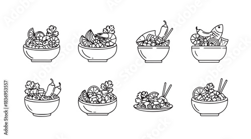 Collection of delicious food bowls with fresh ingredients hand drawn sketch style vector