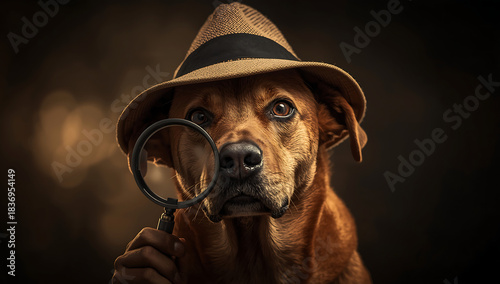 Dog detective wearing a classic hat in a noir-inspired scene, portraying curiosity, intelligence, and mystery with dramatic lighting and vintage investigative atmosphere