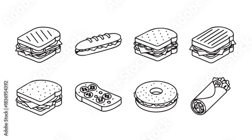 Hand drawn isometric fast food icons collection delicious sandwiches burgers hot dogs and burrito design elements vector