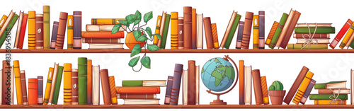Vector seamless pattern from illustration of wooden bookshelves filled with colorful books, volumes, decor items. Book lover, bookstore, library concept. Isolated on white.