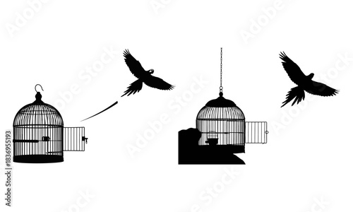 Bird silhouettes flying from open cages, representing freedom and escape