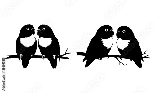 Stylized silhouette vector of two pairs of lovebirds perched on branches