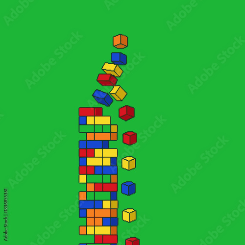A tall, colorful stack of rectangular blocks resembling a Jenga tower, with several blocks falling from the top against a solid green background.