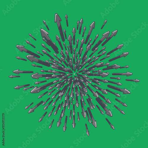 Dark grey arrows bursting outwards from a central point on a vibrant green background, creating a dynamic radial explosion effect.