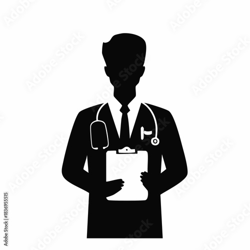 Black silhouette of a doctor holding a clipboard and wearing a stethoscope, representing medical profession and healthcare.