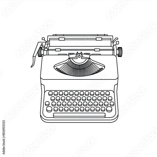 A detailed black and white line drawing of a vintage typewriter