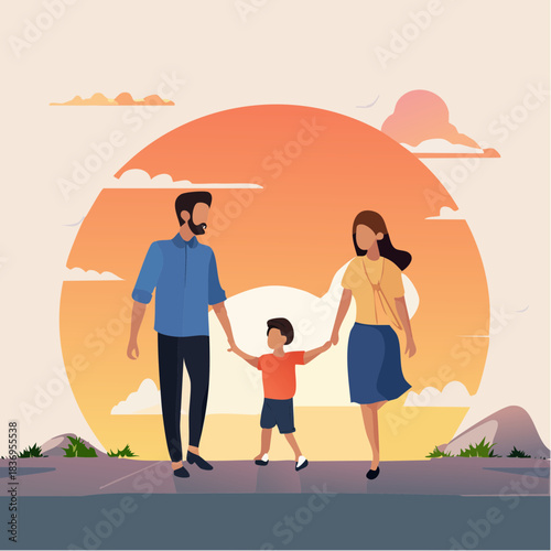 A happy family of three, a father, mother, and their child, walking hand-in-hand during a beautiful sunset, illustrating family bonding and togetherness.