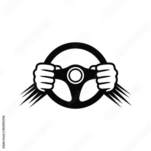 Hands gripping a steering wheel with speed lines a driving symbol