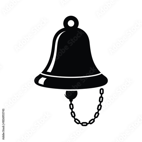 A simple black and white illustration of a hanging bell with a chain