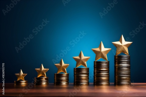 Gold Stars on Stacked Coins Showing Rating, Ranking, and Best Candidate Performance Evaluation