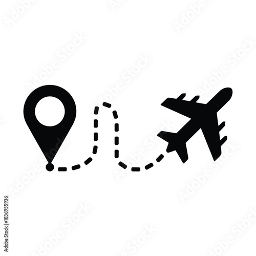 Travel planning concept airplane flight path indicated by location marker