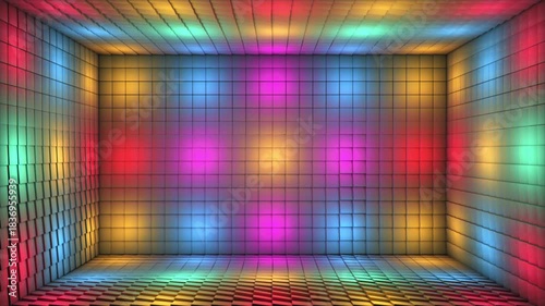 Broadcast Pulsating Switching Hi-Tech Blinking Illuminated Cubes Room Stage, Multi Color, Events, 3D, Loopable, 4K