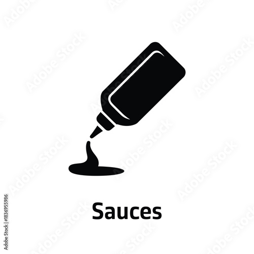 Simple black silhouette of a sauce bottle dispensing liquid onto surface