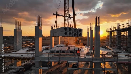 Construction Site Progressing Under A Stunning Sunset With Crane and Concrete Elements