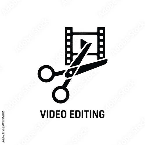 Video editing icon with scissors cutting film reel concept design