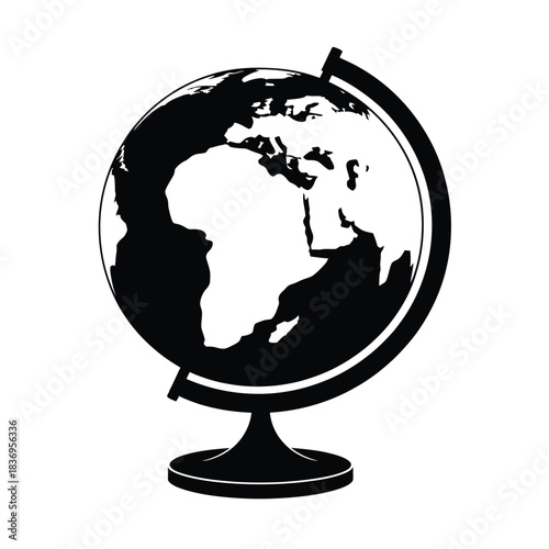 A simple black and white illustration of a classic world globe