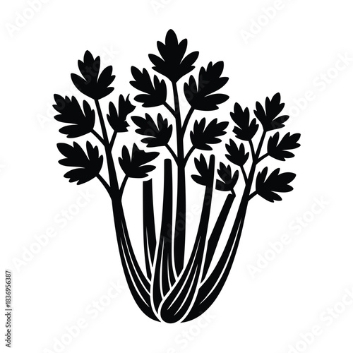 A simple black and white illustration of a celery plant s leaves and stalks