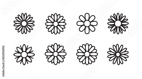 Collection of eight hand-drawn daisy flowers with detailed petals and centers for design projects vector