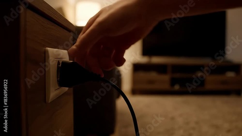 Person plugging an electrical cord into a wall socket at home.