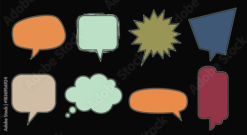 Vibrant speech bubbles in various shapes and colors on black