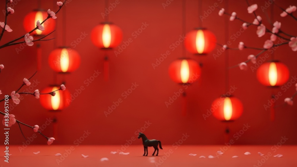 Fototapeta premium Lunar New Year celebration with traditional red lanterns, delicate cherry blossoms, and a symbolic horse