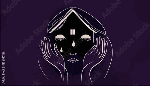 A hauntingly beautiful illustration: a woman’s face merges with the silhouette of a house — eyes closed, tears falling, hands gently cradling her cheeks. Against deep purple, it symbolizes the hidden 