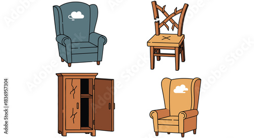 Damaged furniture with broken chair and cabinet