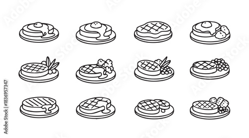 Collection of hand-drawn steaks and savory dishes presented on plates in a gridded layout vector