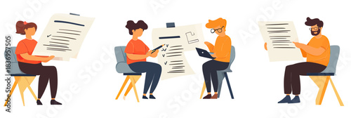 People sitting on chairs reading and discussing large documents and contract papers in flat minimalist style vector illustration for business and legal concept