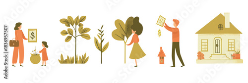 Flat vector illustration of people nurturing plants and money tree growing symbolizing investment growth and financial management with home buying concept