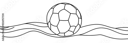 Minimalist continuous line drawing of soccer ball with flowing wave lines abstract background simple black and white vector silhouette art design