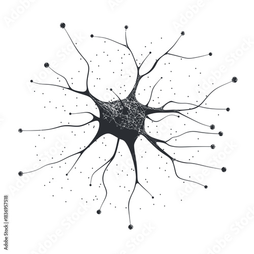 Abstract neuron cell illustration with interconnected dendrites and synapses in low poly black vector style on white background for science and medicine design concepts