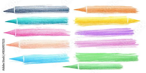 Set of colored crayon strokes and outlines with textured highlights in blue, orange, yellow, pink, purple, beige, and green on white background vector illustration