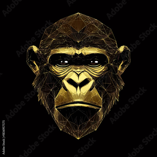 Polygonal Golden Gorilla Head Vector Illustration with Geometric Lines and Abstract Digital Art on Black Background for Technology and Wildlife Design Concepts