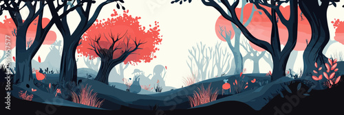 mystical forest landscape with dark twisted trees red foliage glowing spirits abstract foggy background fantasy nature scene flat minimalist vector illustration