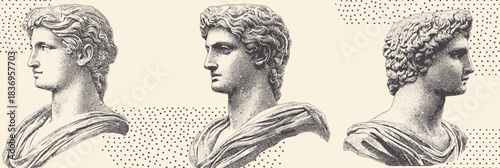 Antique Greek Statue Busts Vector Halftone Illustration with Vintage Grunge and Retro Dotted Stipple Effects in Minimalist Style