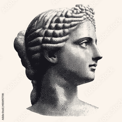 Halftone vintage dots illustration of ancient classical Greek female sculpture profile vector design with detailed wavy hair and serene expression
