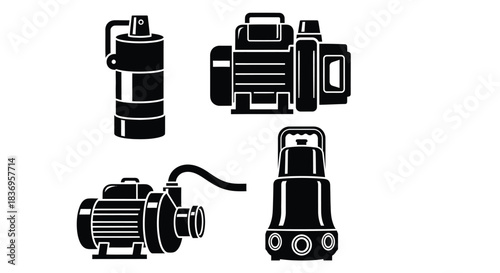 Industrial pumps and machinery in black silhouette