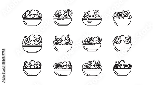 Set of 12 hand drawn black and white icons featuring bowls of delicious ice cream or sorbet vector