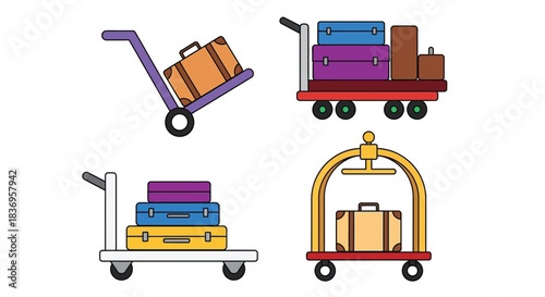 Vibrant luggage carts with colorful suitcases