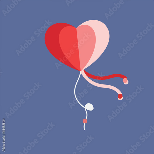 A graphic heart-shaped kite with colorful streamers floats against a solid blue background.