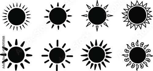 A collection of stylized sun icons with varying ray designs
