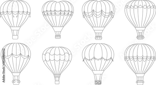 A collection of detailed line art illustrations depicting various hot air balloons