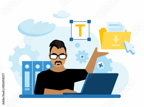 Download operating system updates. A software developer is working on a web development project using his laptop. Manage settings using a code. Flat vector illustration