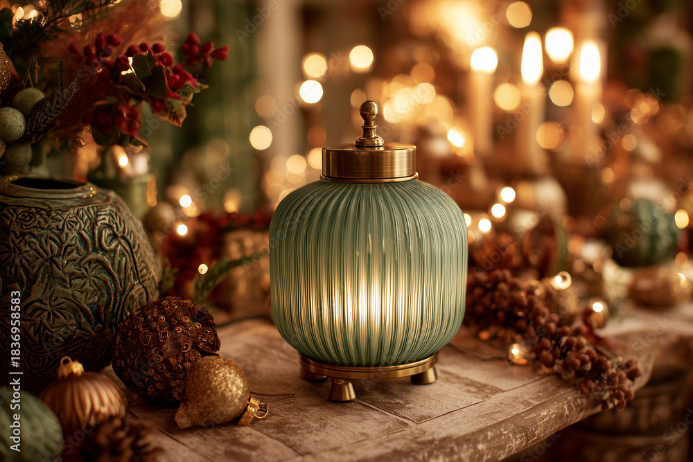 Fototapeta premium Przytulny, świąteczny stół w ciepłych barwach. Ozdobny zielony lampion ze złotymi elementami, otoczony bombkami, suszonymi owocami i zielono-czerwoną kompozycją.