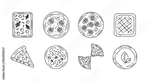 Variety of hand drawn pizza styles top down views and slice isolated food icons vector