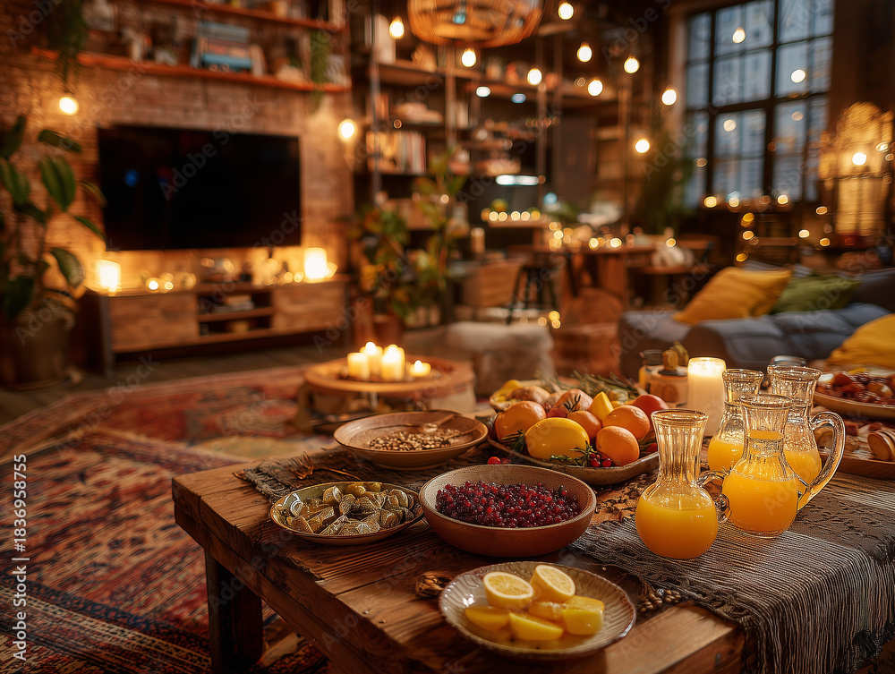 Fototapeta premium Przytulne wnętrze w ciepłym, nastrojowym świetle z industrialnymi elementami, zastawiony drewniany stół pełen owoców i przekąsek.