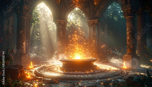 A stone altar emits a warm glow in an ornate open building surrounded by lush foliage bathed in sunlight