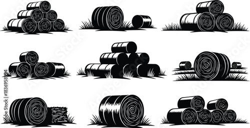 Arrangement of hay bales in a black and white illustrative style